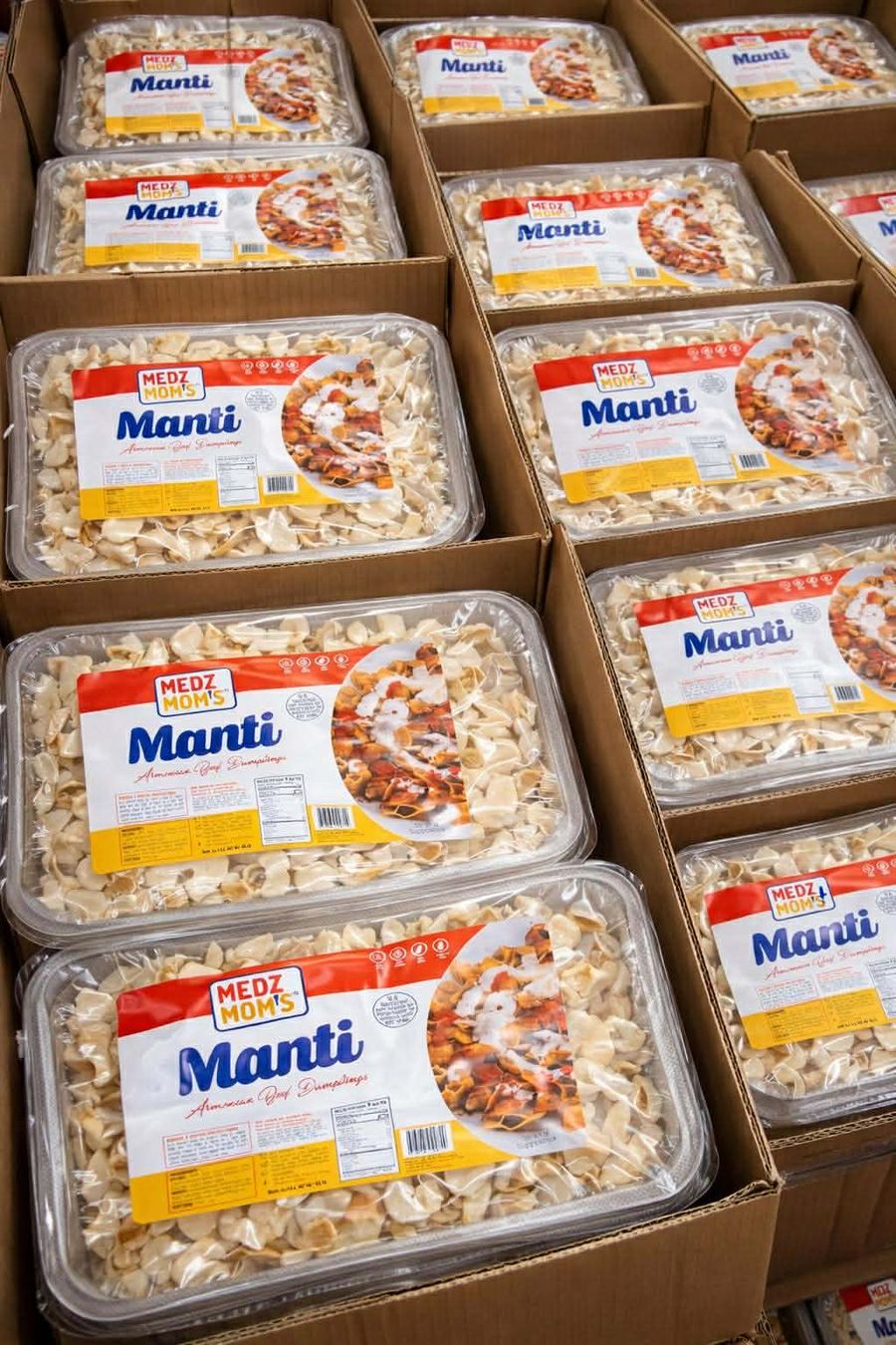 Cases of Medz Mom's Manti trays packed and ready to ship