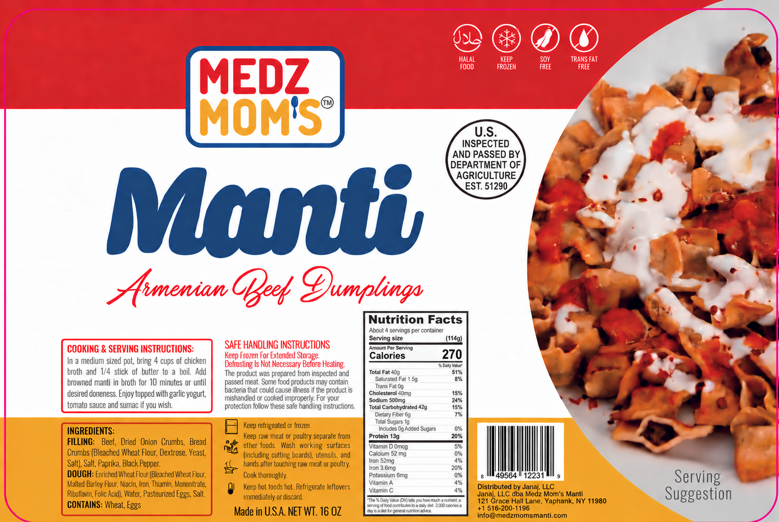 Medz Mom's Manti package label with ingredients, nutrition facts and distributor details